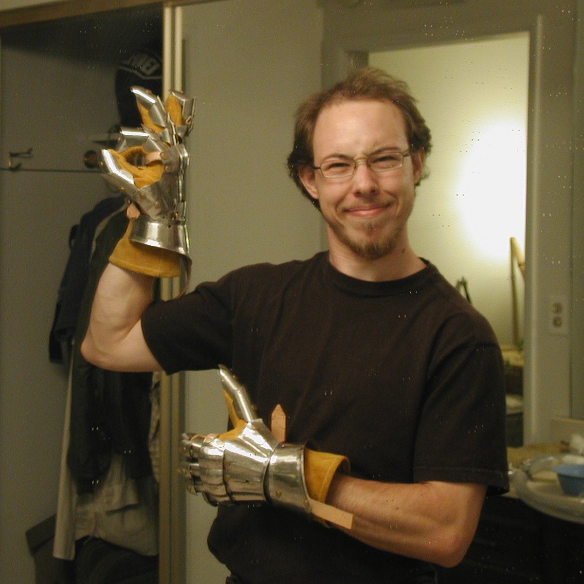 Me wearing home-made plate gauntlets