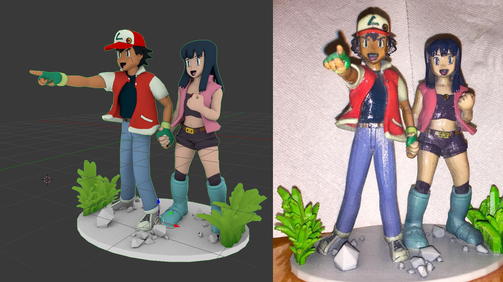 Ash and Dawn pokemon characters sculpture